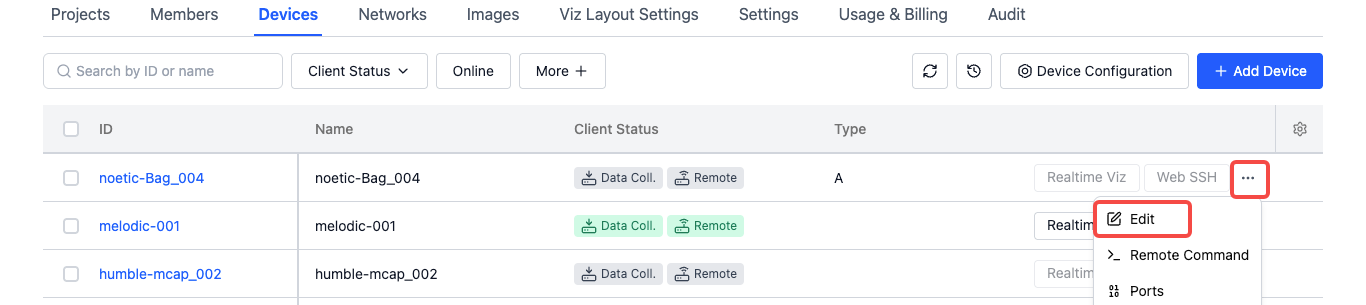 Edit Device Information from Table